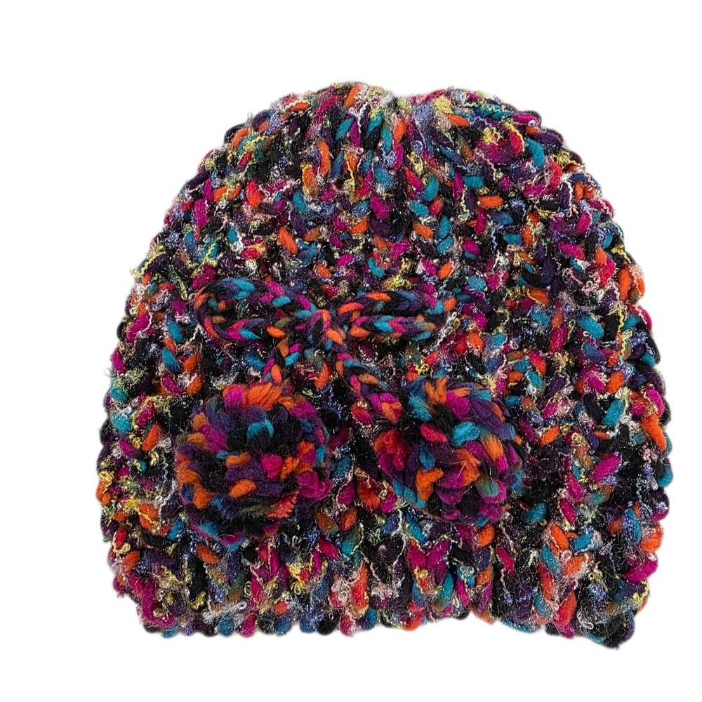 Betseyville Beanie Hat Multicolor Knit Pompom Bow One Size Funky Cozy Winter